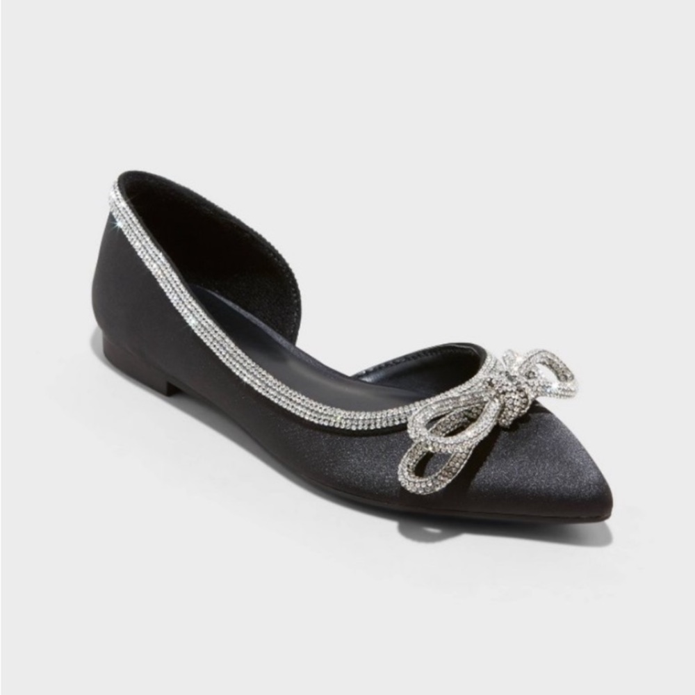 A New Day NWT Juliette Ballet Flats, Size 7, Black Satin Rhinestone Crystal Bows